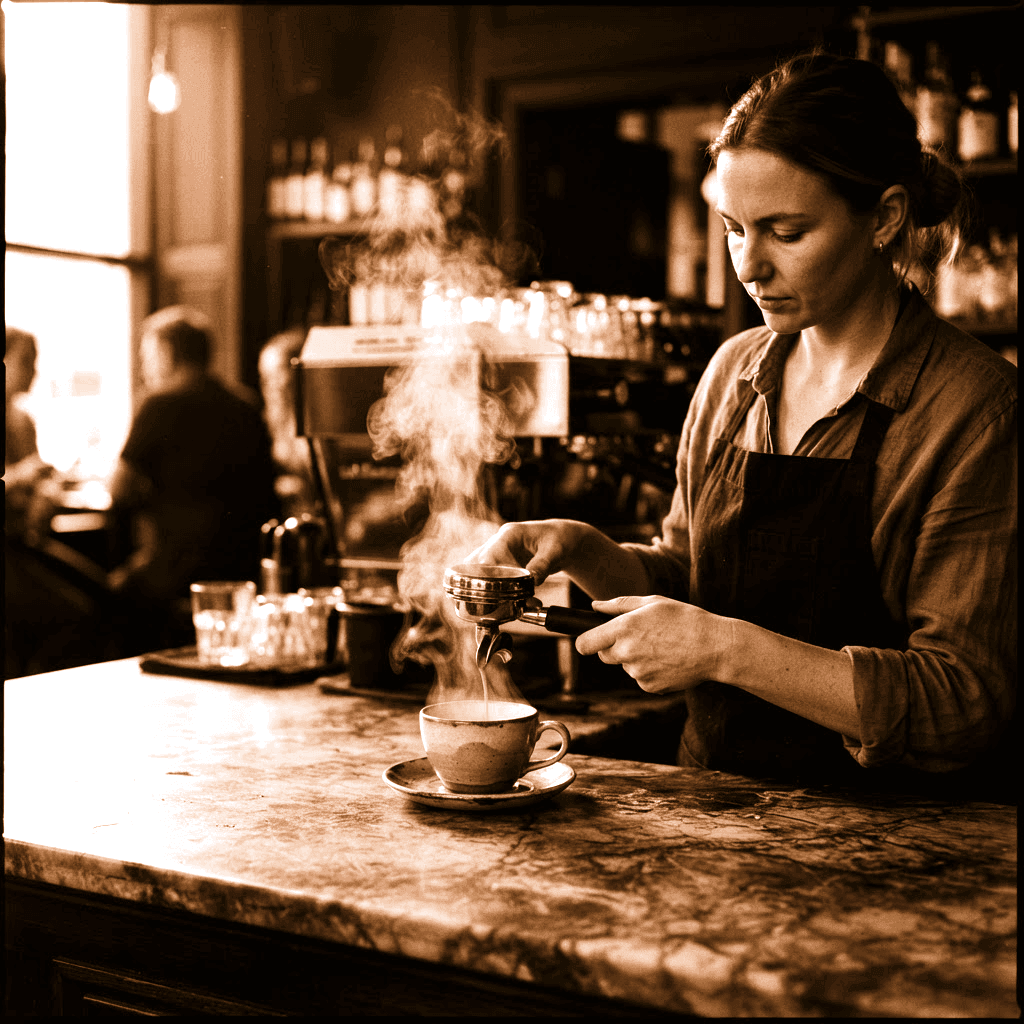 Barista preparando un café en Txoko Kafe